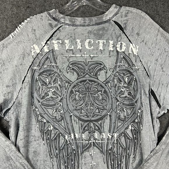 Affliction Shirt Men’s 3XL Gray Live Fast Graphic Biker Y2K - Picture 4 of 7